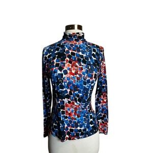 Purificacion Garcia Turtleneck Top S Blue Red Abstract Print Long Sleeve Blouse